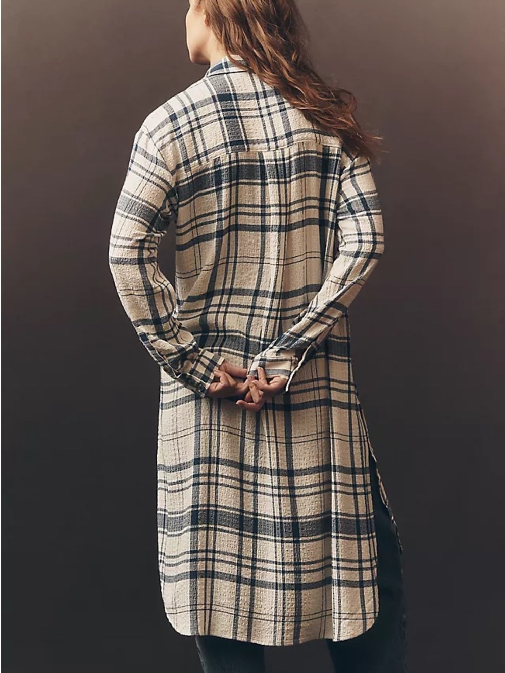 Pilcro Cream and Navy Long-Line Button Front Plaid High-Low Shirt Dress - Picture 2 of 15